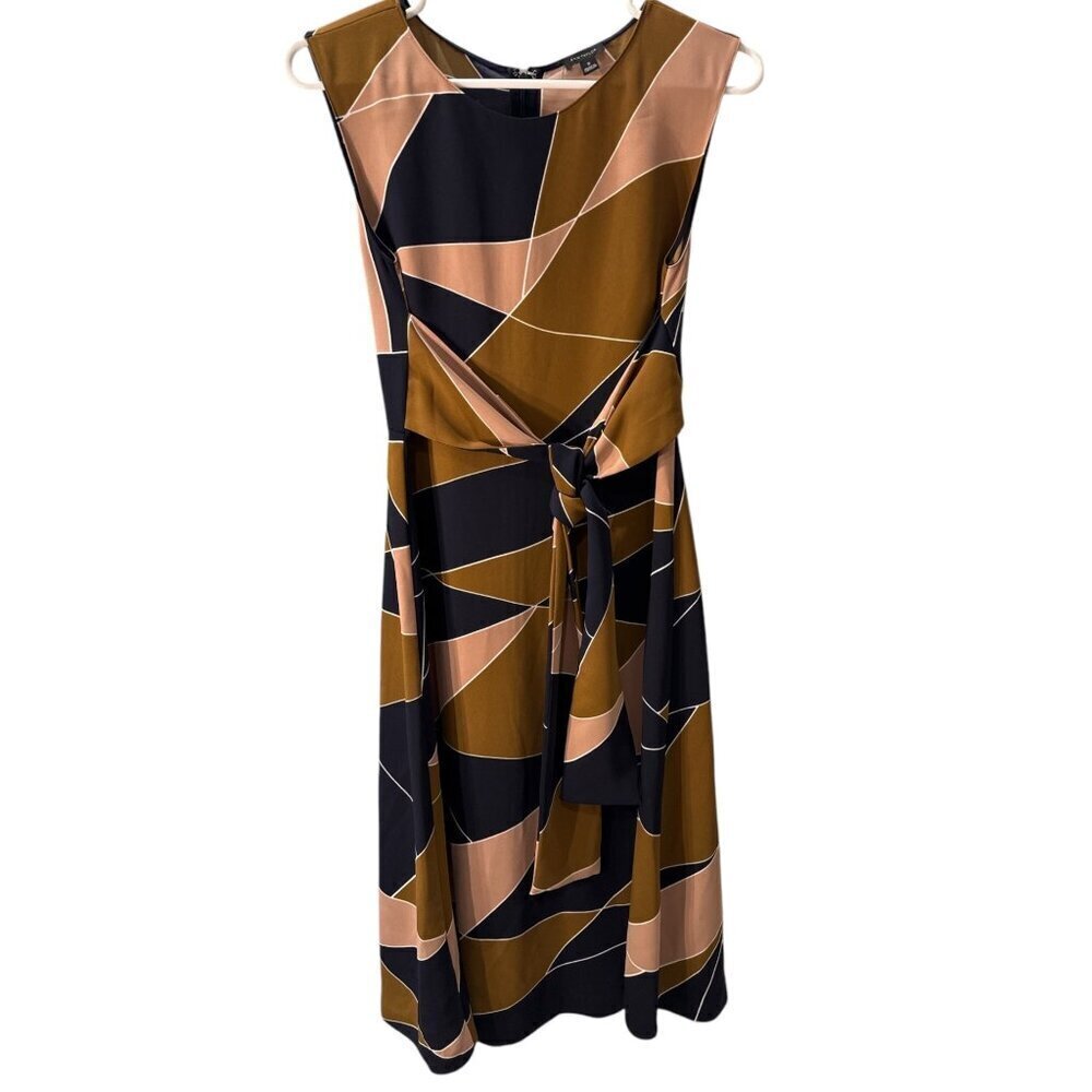 Ann Taylor Modern Geo Tie Waist Midi Navy/Pink Dress Size 2, Pre-Owned EUC